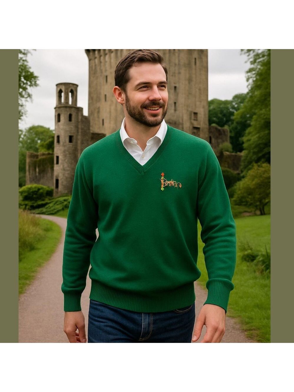 90s BLARNEY CASTLE WOOL V-NECK GREEN SWEATER JUMPER EMBROIDERED IRELAND APPLIQUE